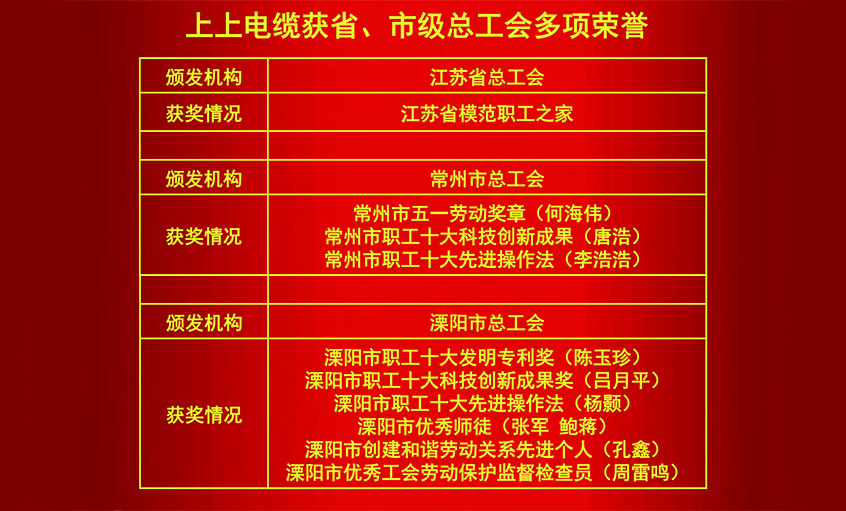 CA88电缆获省、市级总工会多项声誉